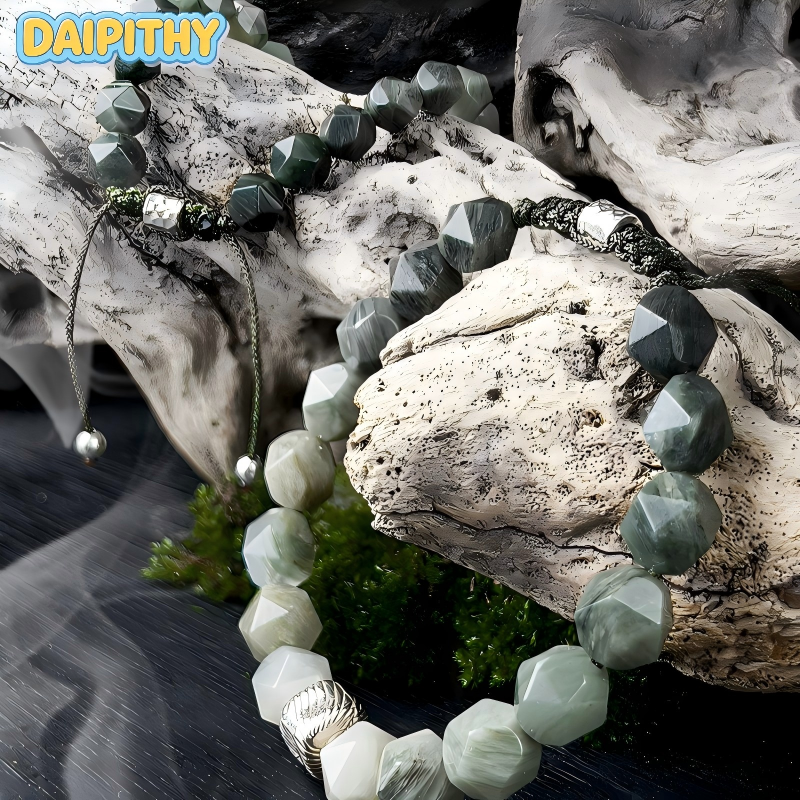Dai Era - Wood Series Green Crystal & Wood-Grain Silver Bracelet