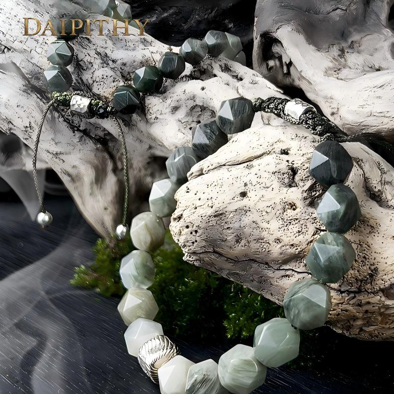 Dai Era - Wood Series Green Crystal & Wood-Grain Silver Bracelet