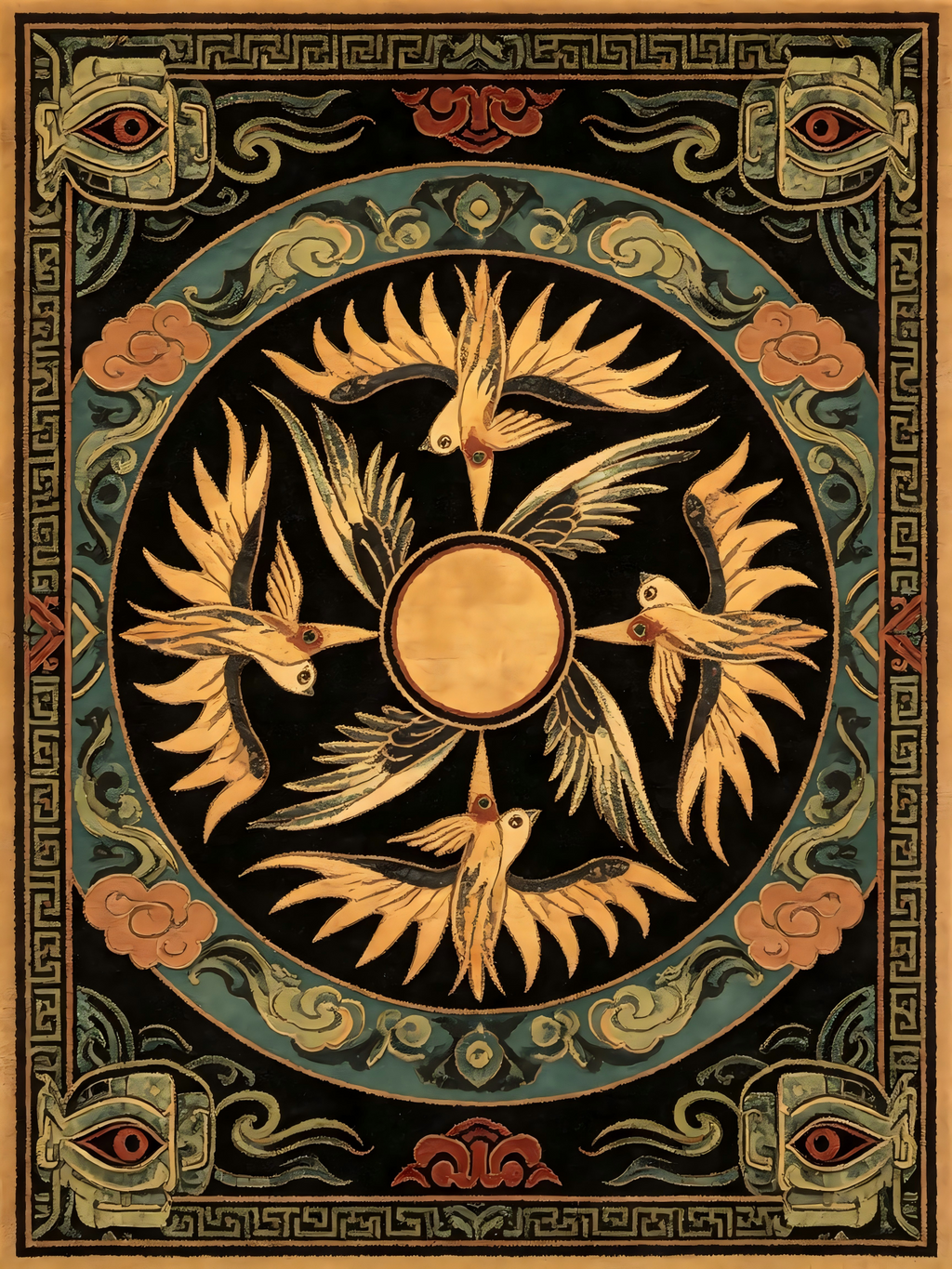 Four Divine Sun Phoenix Ancient Chinese Bronze Civilization Wall Rug | Sanxingdui & Erlitou Sacred Totem Decor Hanging Carpet