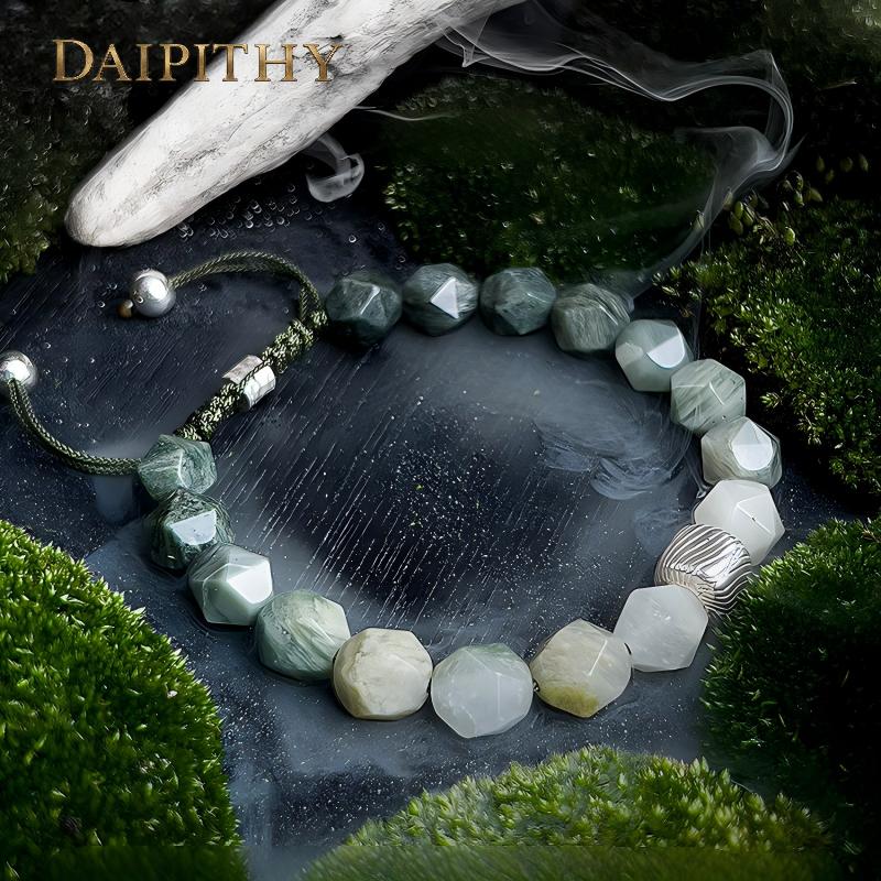 Dai Era - Wood Series Green Crystal & Wood-Grain Silver Bracelet