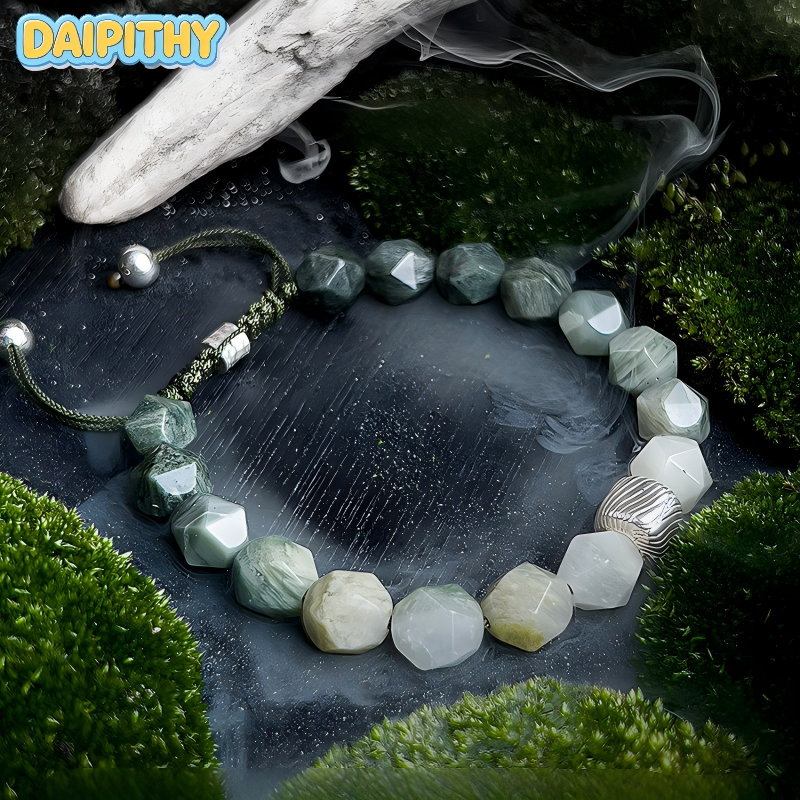 Dai Era - Wood Series Green Crystal & Wood-Grain Silver Bracelet