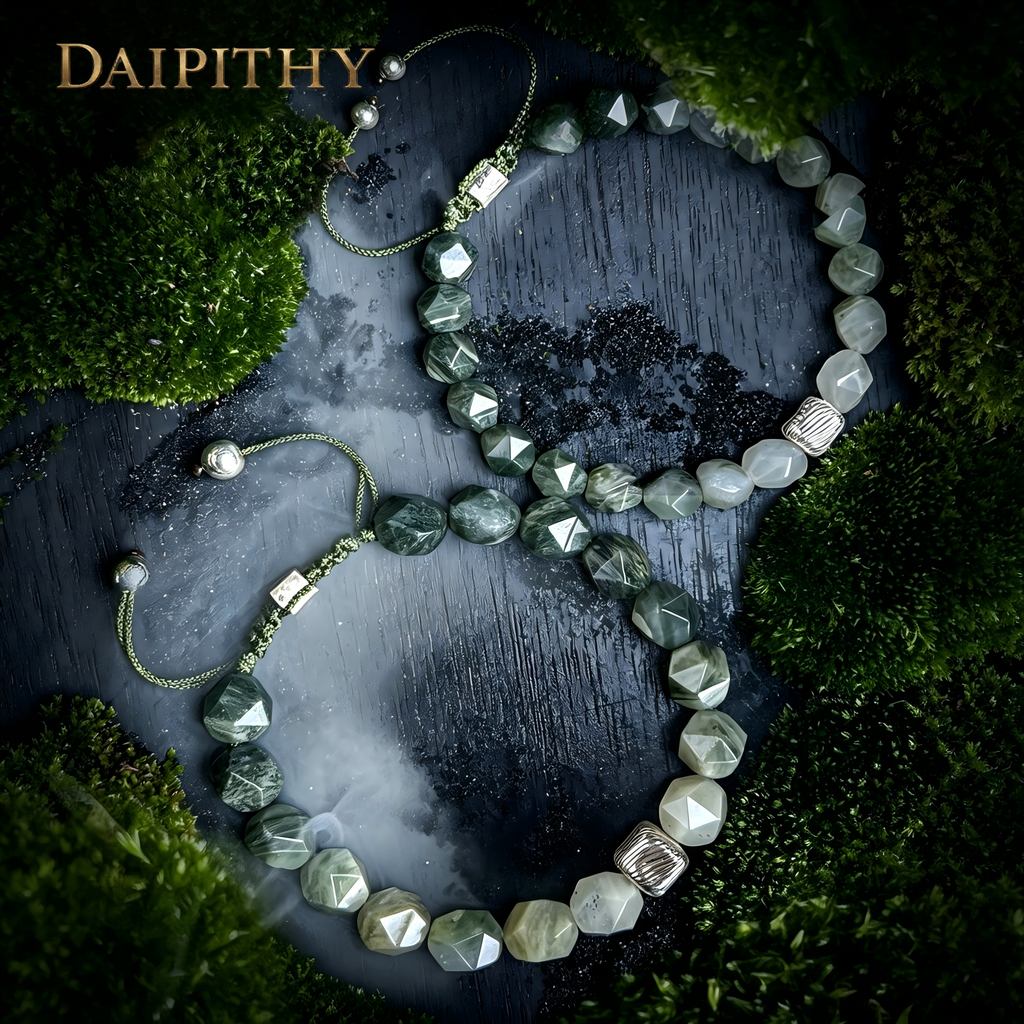 Dai Era - Wood Series Green Crystal & Wood-Grain Silver Bracelet
