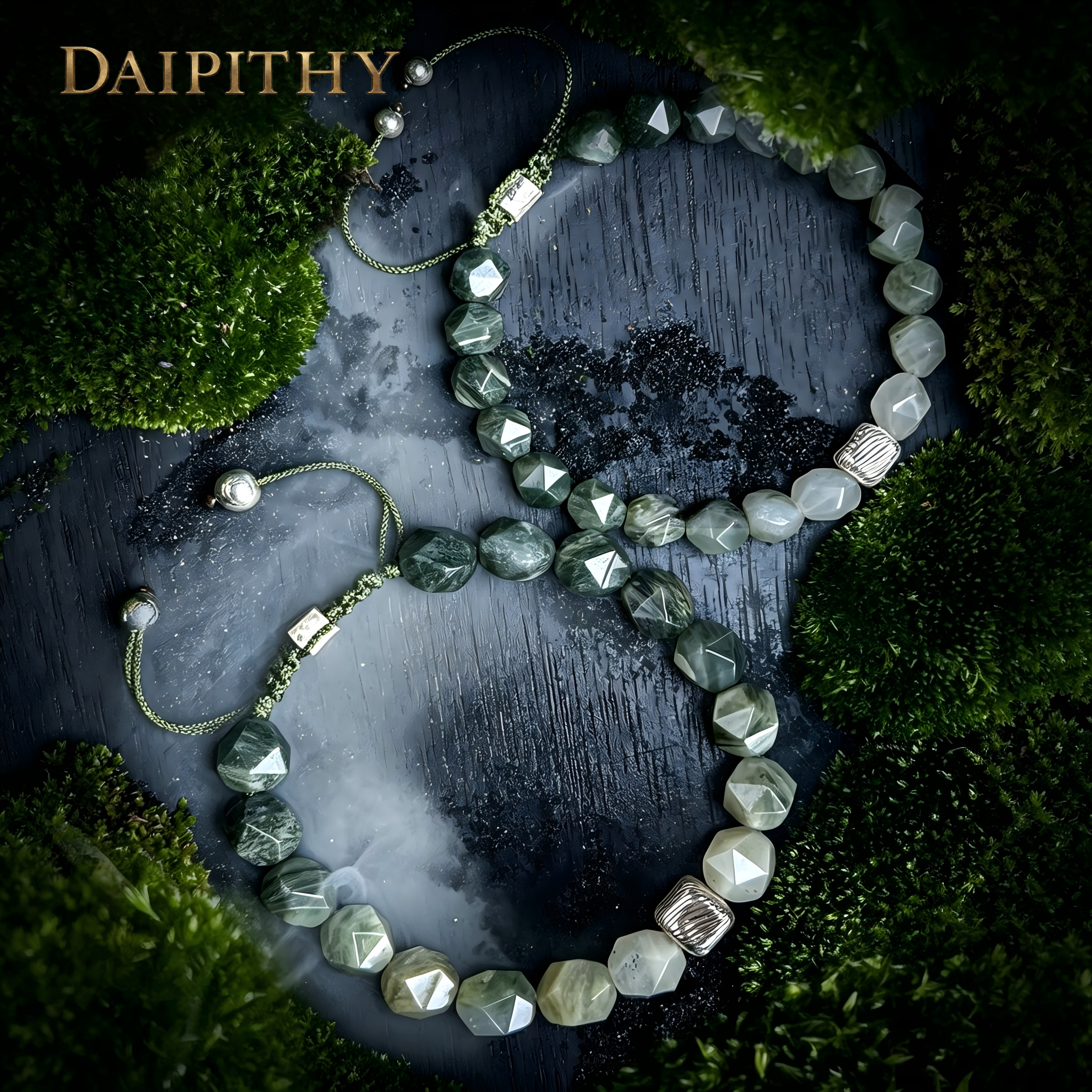 Dai Era - Wood Series Green Crystal & Wood-Grain Silver Bracelet