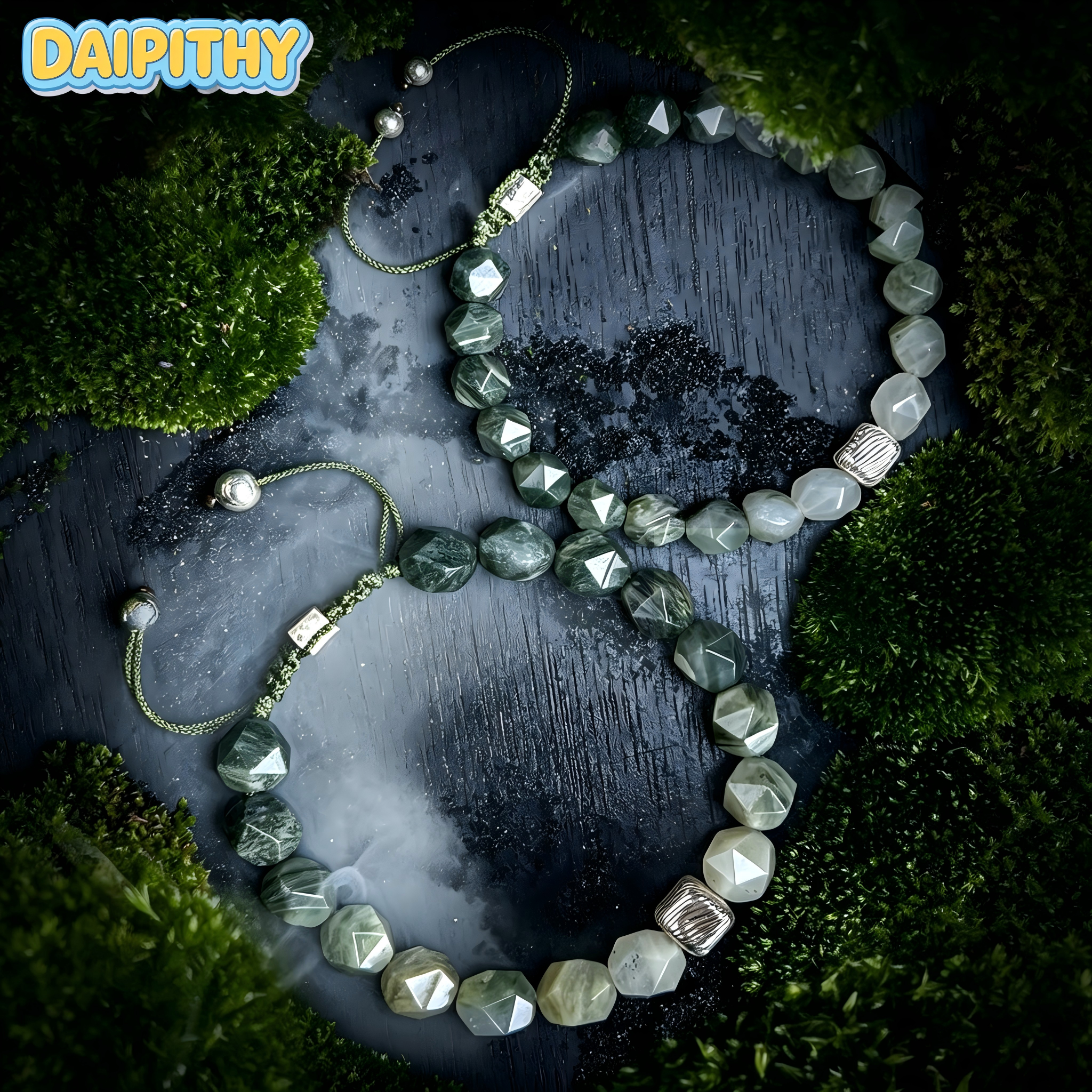 Dai Era - Wood Series Green Crystal & Wood-Grain Silver Bracelet