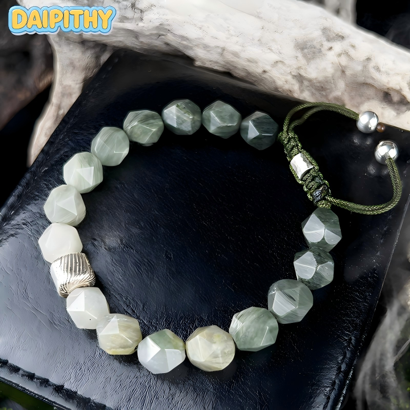 Dai Era - Wood Series Green Crystal & Wood-Grain Silver Bracelet
