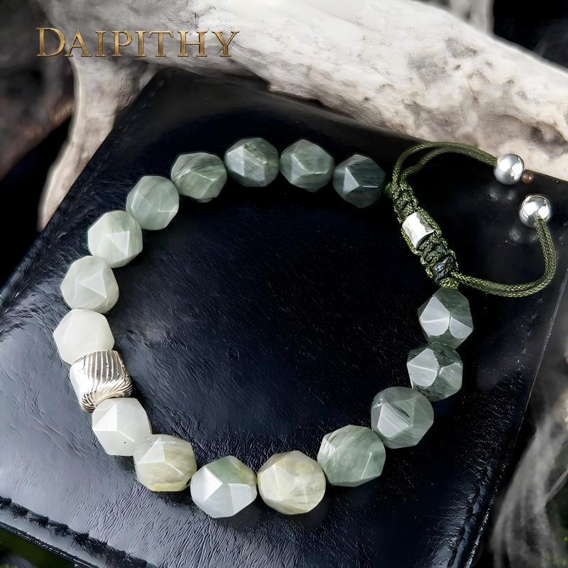 Dai Era - Wood Series Green Crystal & Wood-Grain Silver Bracelet