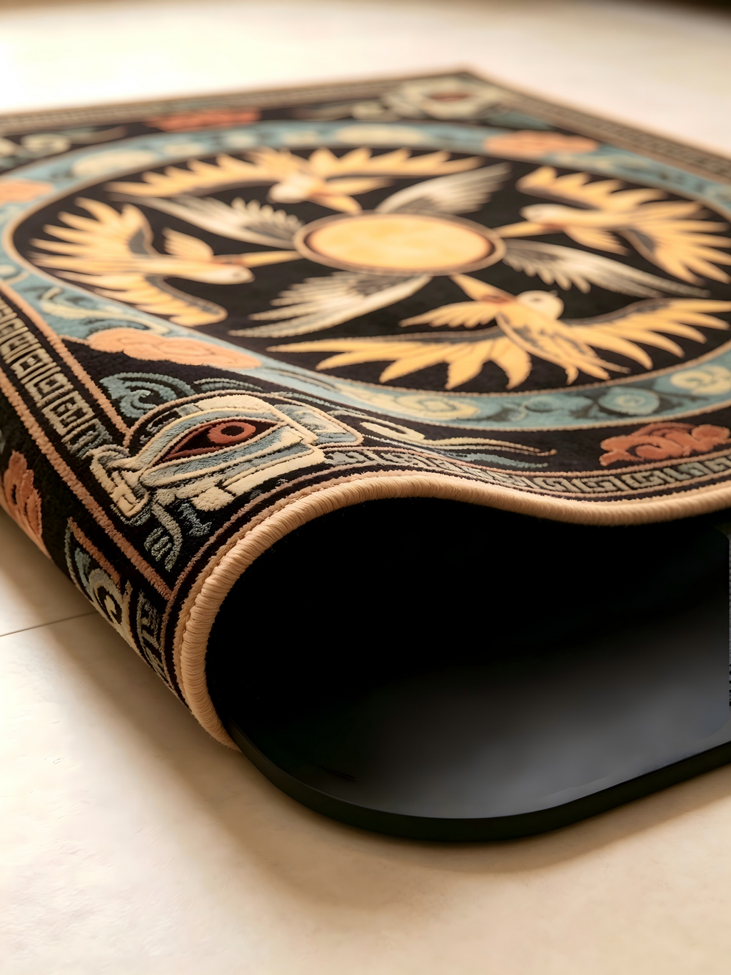Four Divine Sun Phoenix Ancient Chinese Bronze Civilization Wall Rug | Sanxingdui & Erlitou Sacred Totem Decor Hanging Carpet