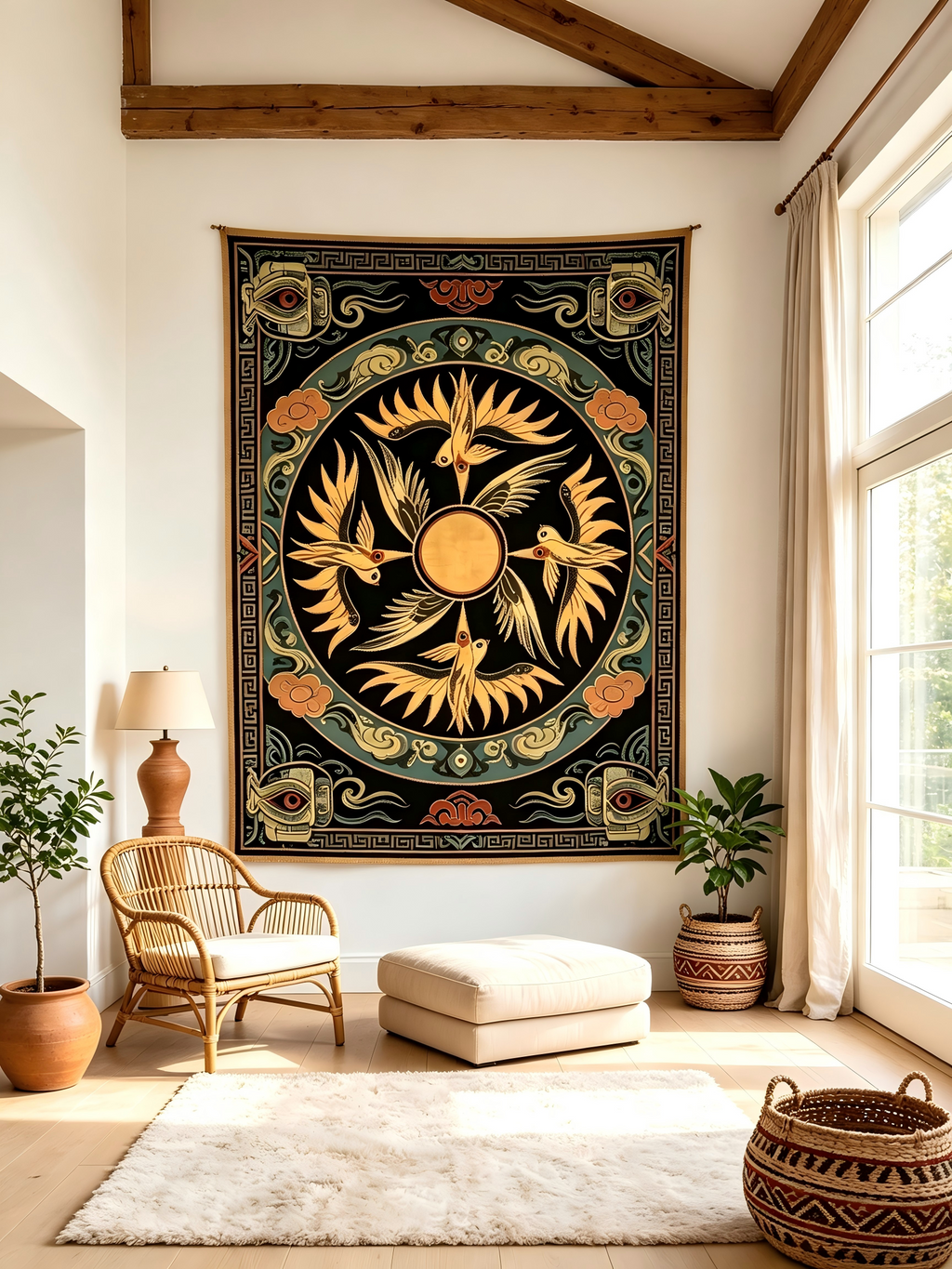 Four Divine Sun Phoenix Ancient Chinese Bronze Civilization Wall Rug | Sanxingdui & Erlitou Sacred Totem Decor Hanging Carpet