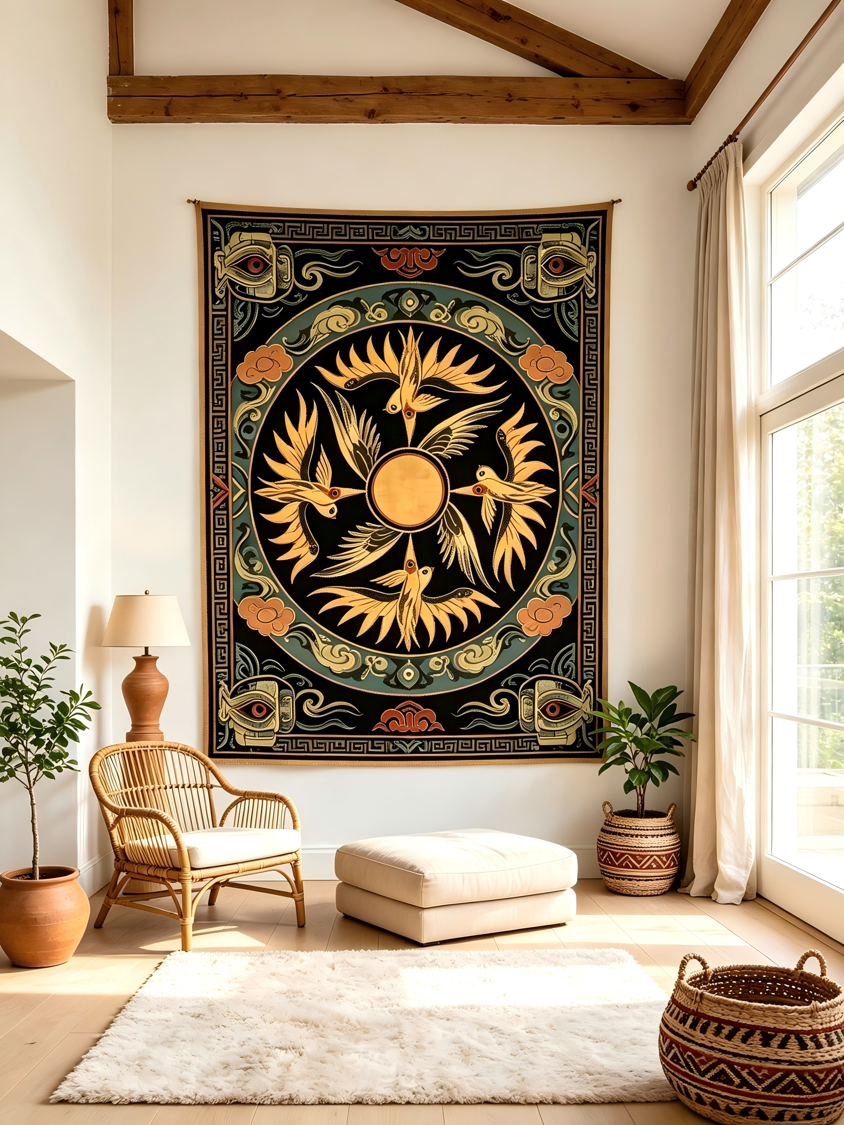 Four Divine Sun Phoenix Ancient Chinese Bronze Civilization Wall Rug | Sanxingdui & Erlitou Sacred Totem Decor Hanging Carpet