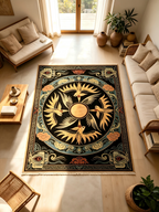 Four Divine Sun Phoenix Ancient Chinese Bronze Civilization Wall Rug | Sanxingdui & Erlitou Sacred Totem Decor Hanging Carpet