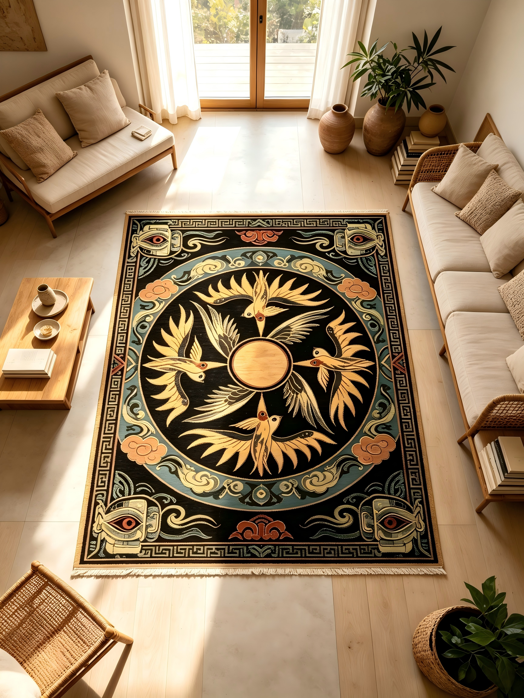 Four Divine Sun Phoenix Ancient Chinese Bronze Civilization Wall Rug | Sanxingdui & Erlitou Sacred Totem Decor Hanging Carpet