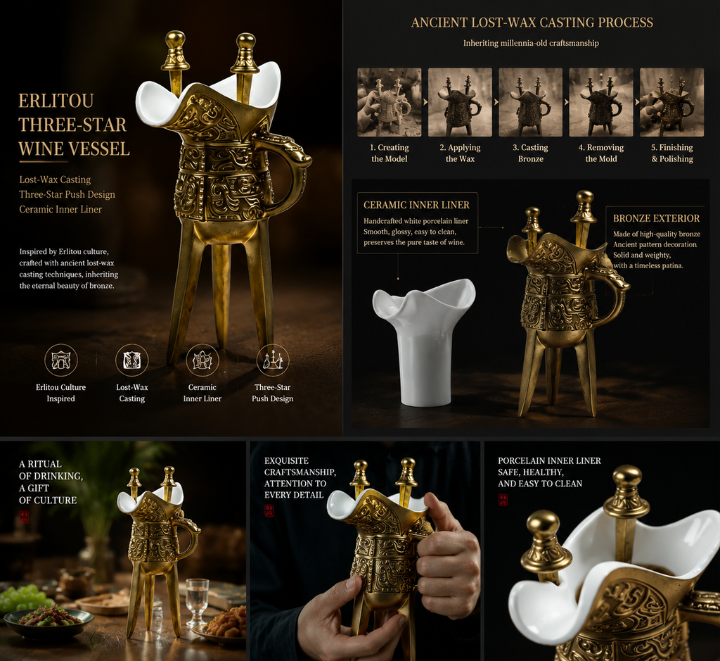 Ancient Chinese Bronze Wine Vessel – Erlitou Inspired Lost-Wax Casting Craftsmanship with Porcelain Inner Liner