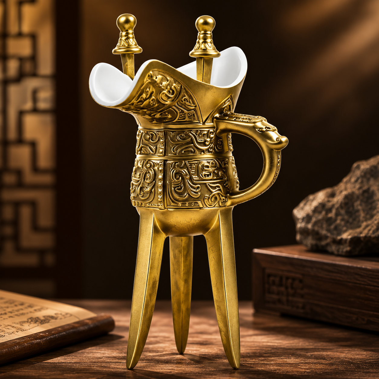 Ancient Chinese Bronze Wine Vessel – Erlitou Inspired Lost-Wax Casting Craftsmanship with Porcelain Inner Liner