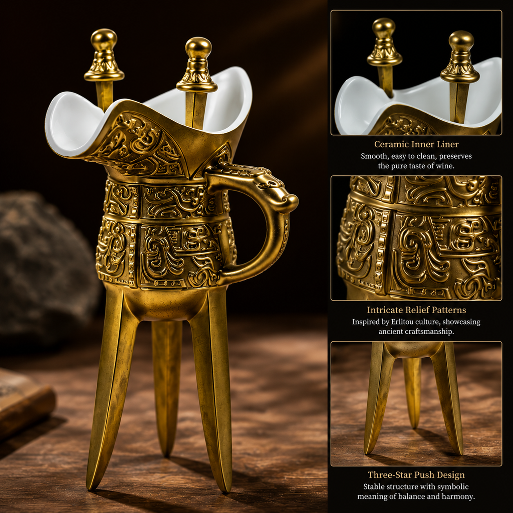 Ancient Chinese Bronze Wine Vessel – Erlitou Inspired Lost-Wax Casting Craftsmanship with Porcelain Inner Liner
