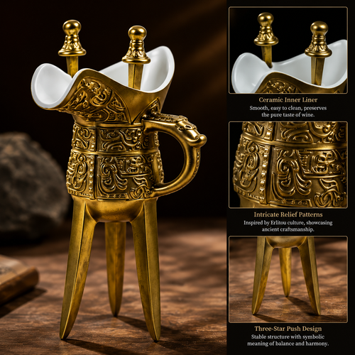 Ancient Chinese Bronze Wine Vessel – Erlitou Inspired Lost-Wax Casting Craftsmanship with Porcelain Inner Liner