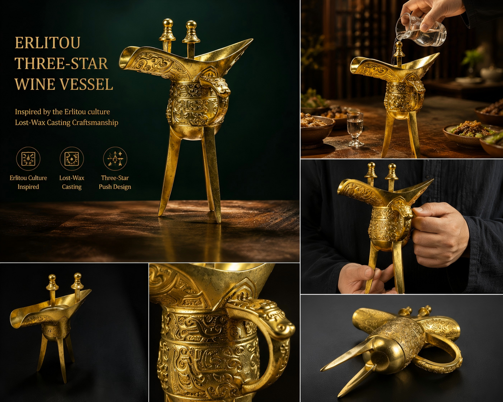 Erlitou Three-Star Bronze Vessel | Handcrafted Lost-Wax Casting Art Piece