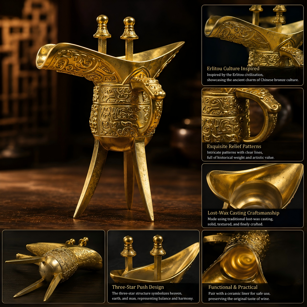 Erlitou Three-Star Bronze Vessel | Handcrafted Lost-Wax Casting Art Piece