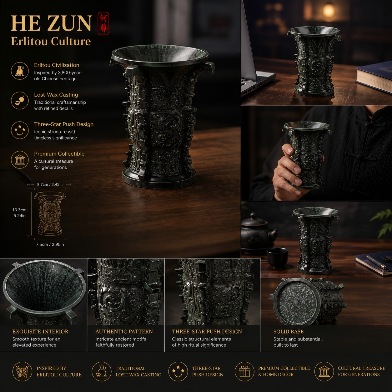Ancient He Zun Bronze Vessel – Lost-Wax Cast Chinese Collectible Art