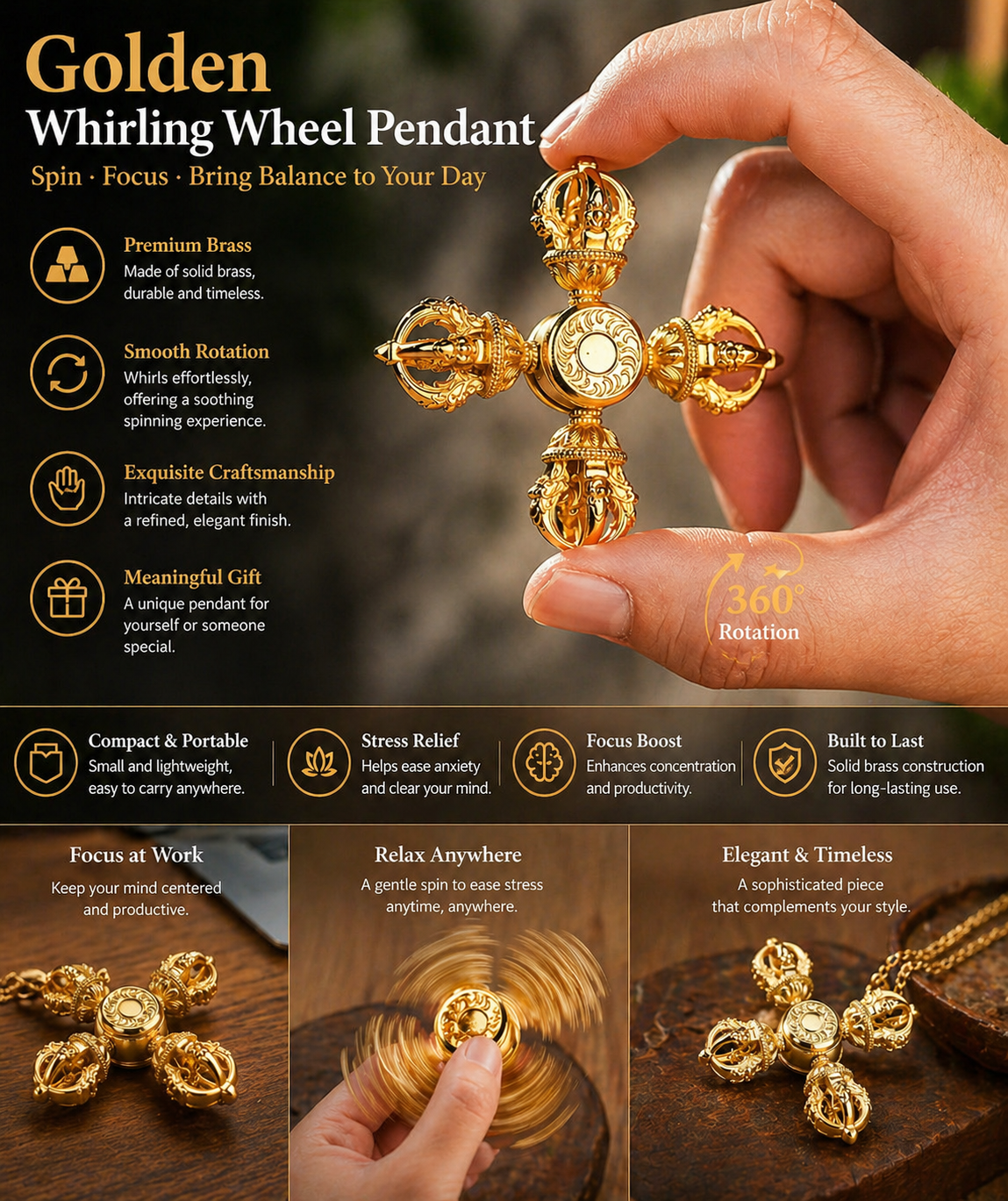 Daipithy | Pithy Mythology Artifact -Golden Whirling Wheel Pendant
