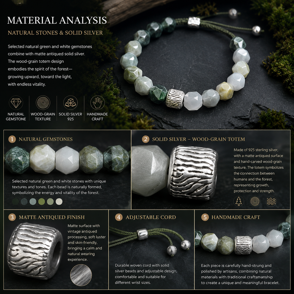 Dai Era - Wood Series Green Crystal & Wood-Grain Silver Bracelet
