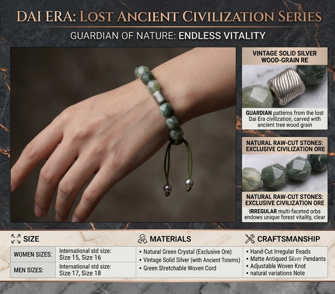 Dai Era - Wood Series Green Crystal & Wood-Grain Silver Bracelet